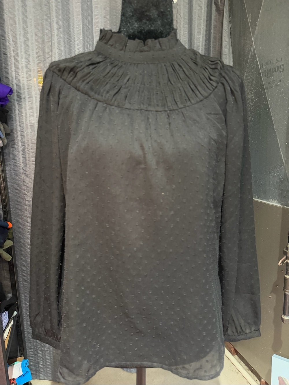 LOFT Black Swiss Dot Ruffled Yoke Blouse